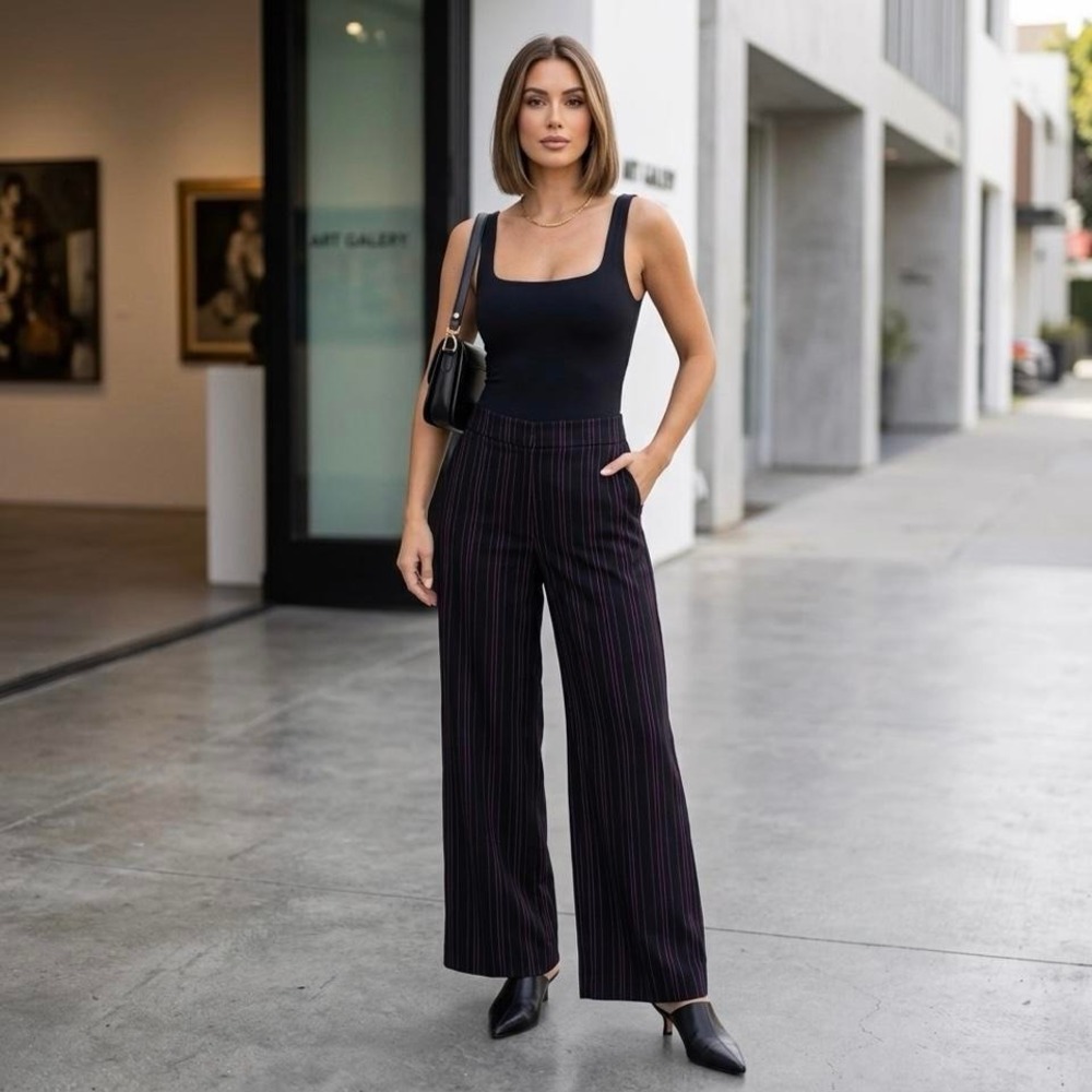 Bar III High-Waisted Wide-Leg Pinstripe Trousers - Black & Magenta